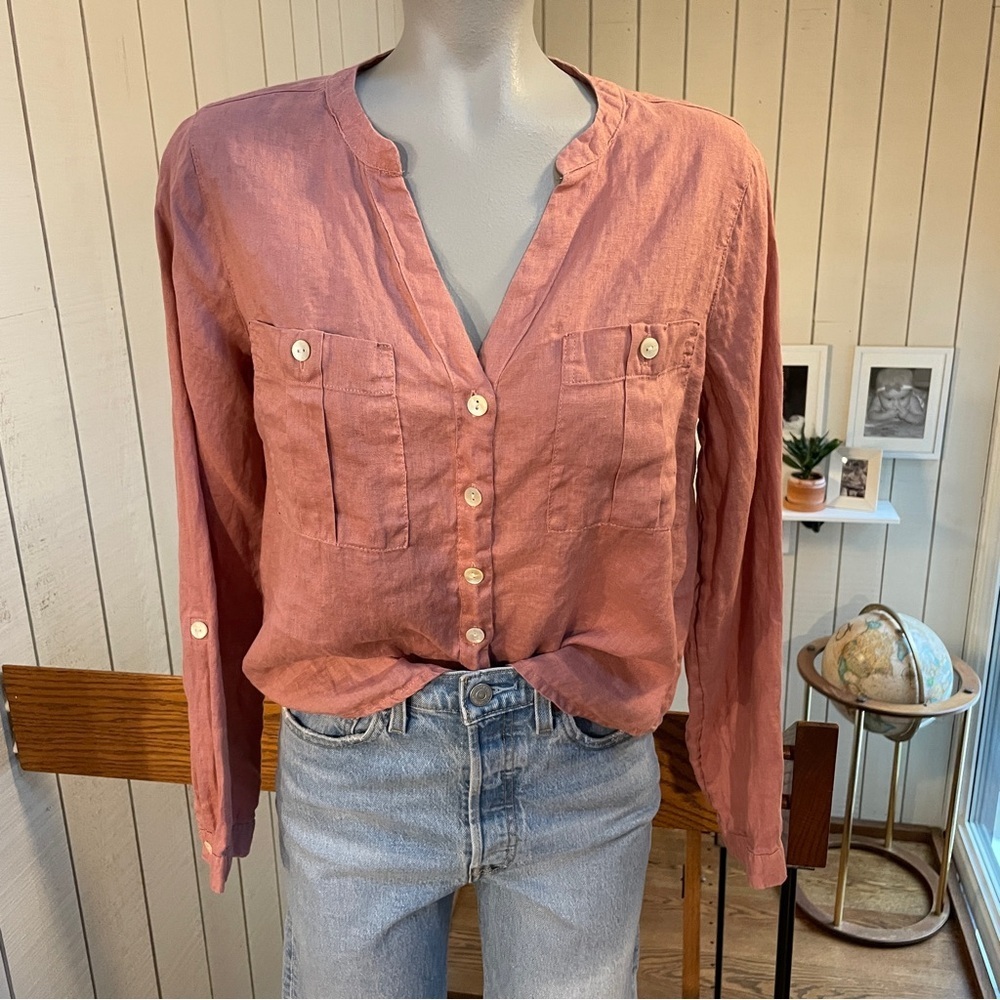 Isaac Mizrahi shirt button down long sleeve linen pink womens small